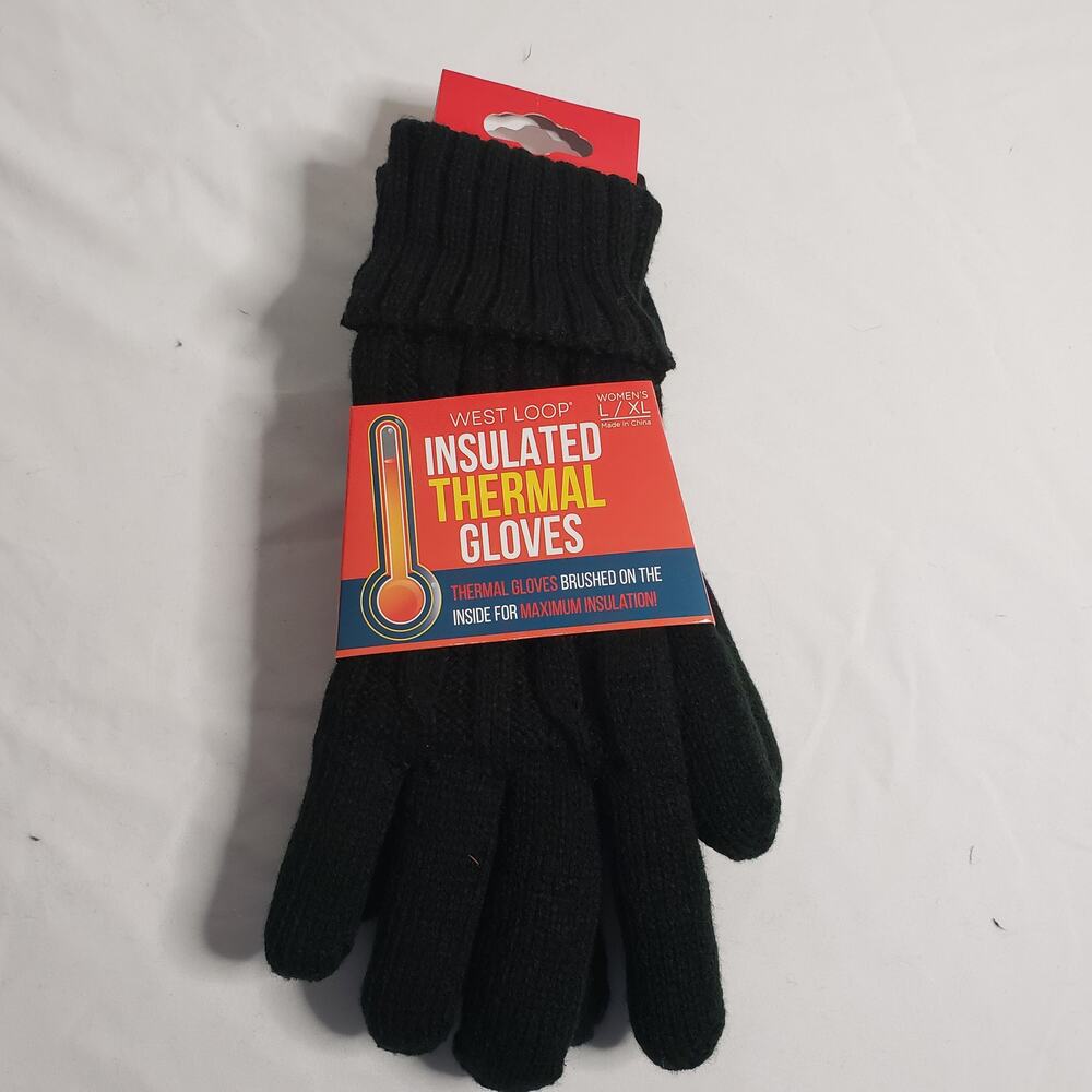 West Loop Women's L/XL Insulated Thermal Gloves Black Cable Knit Winter New